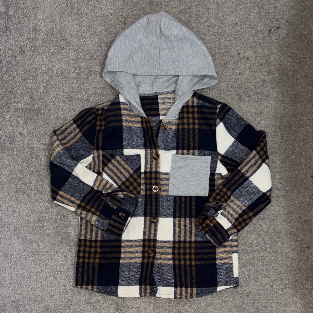 Plaid Hooded Kids Shirt - Blue, Brown, Gray